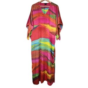 Natori Abstract Rainbow Kaftan Dress Wearable Art Resort Luxury Loungewear
